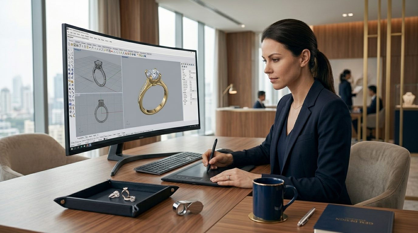 Luxury jewellery CAD designer working on a ring design in a premium office