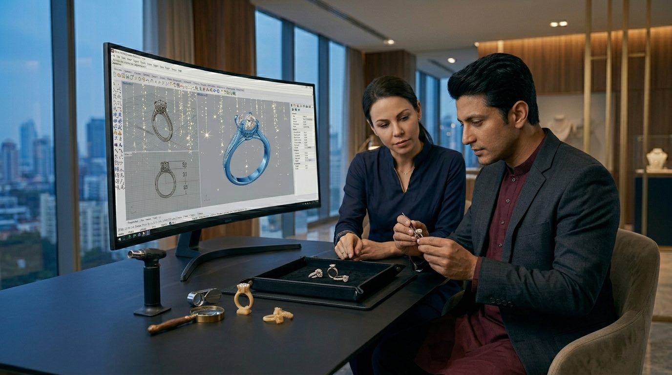 Premium jewellery retail consultant presenting diamonds to a client