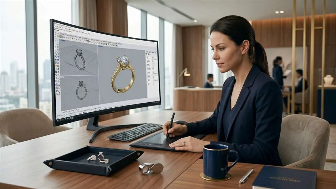 Luxury jewelry CAD designer working on a ring design